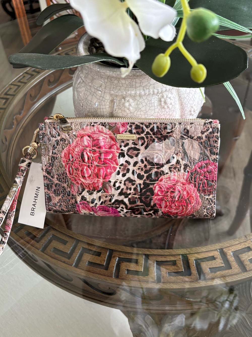 🤎🩷BRAHMIN DAISY ERMINE FLORAL MELBOURNE LEATHER WRISTLET/CLUTCH!🤎🩷RARE